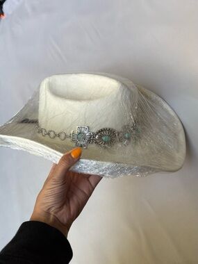White Western Cowboy Hat with Turquoise Concho Chain